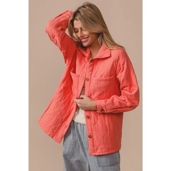 BiBi Quilted Wrinkle Gauze Long Sleeves Chest Pockets Oversized Shacket | Coral - Picture 3 of 5